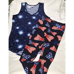 Lularoe Americana Black Leggings W/Bows One Size And Blue Top Women's Size XL